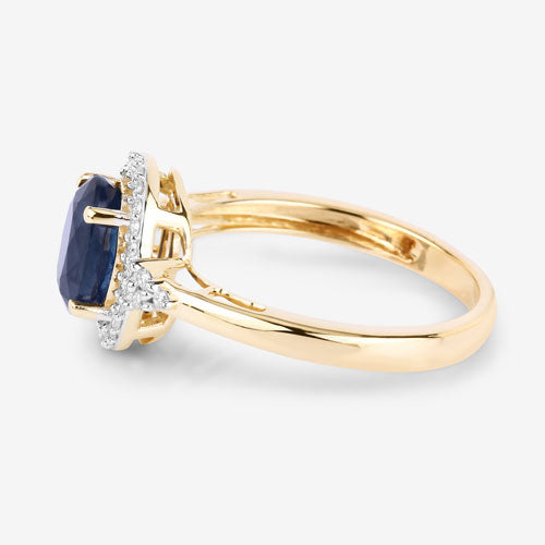 1.70 Carat Genuine Blue Sapphire and White Diamond 14K Yellow Gold Ring
