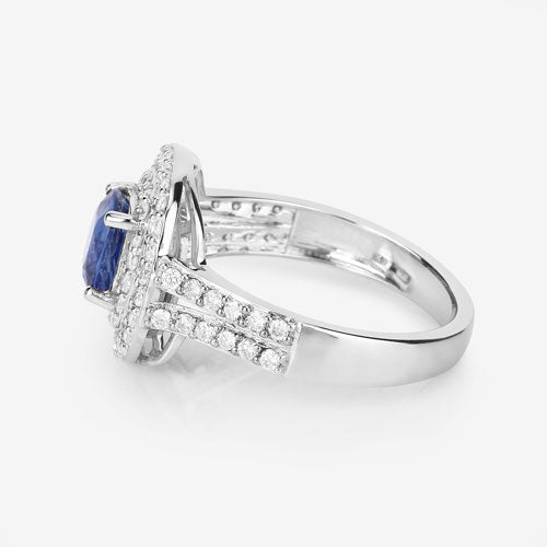 1.96 Carat Genuine Blue Sapphire and White Diamond 18K White Gold Ring