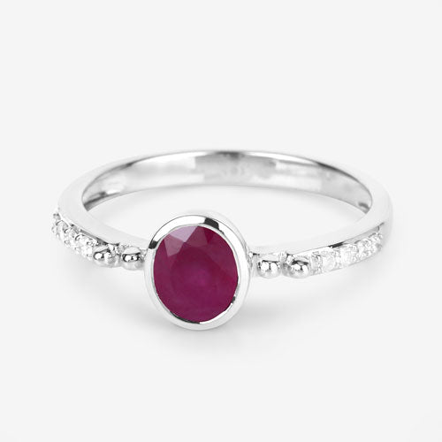 1.00 Carat Genuine Ruby and White Diamond 14K White Gold Ring