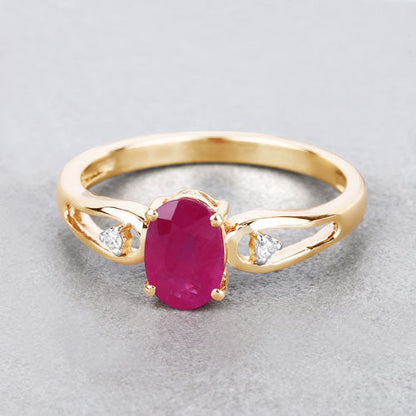 0.95 Carat Genuine Ruby and White Diamond 14K Yellow Gold Ring