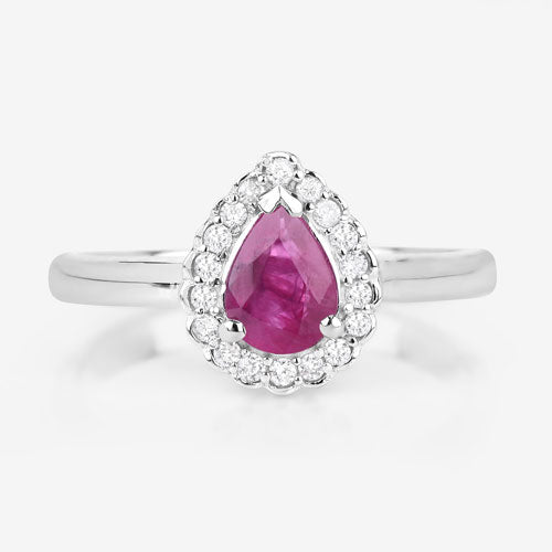 0.94 Carat Genuine Ruby and White Diamond 14K White Gold Ring