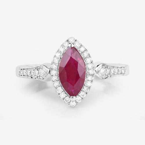 0.96 Carat Genuine Ruby and White Diamond 14K White Gold Ring