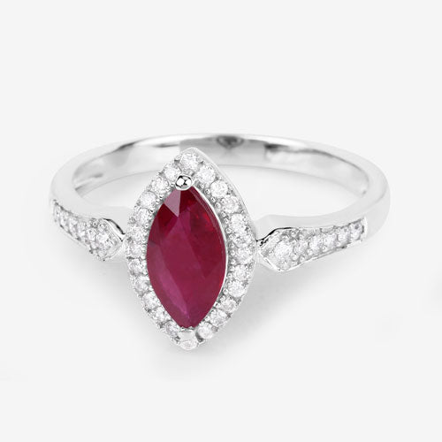 0.96 Carat Genuine Ruby and White Diamond 14K White Gold Ring