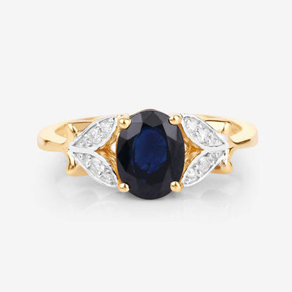 1.62 Carat Genuine Blue Sapphire and White Diamond 14K Yellow Gold Ring