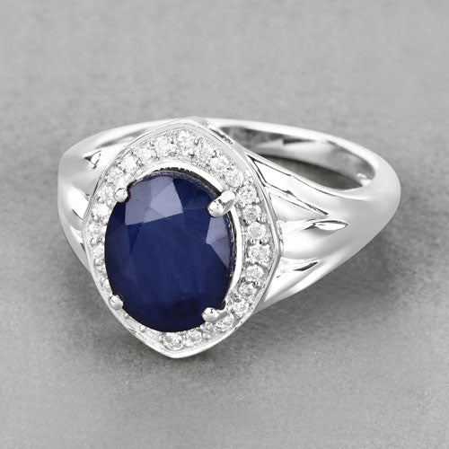 3.31 Carat Genuine Blue Sapphire and White Diamond 14K White Gold Ring