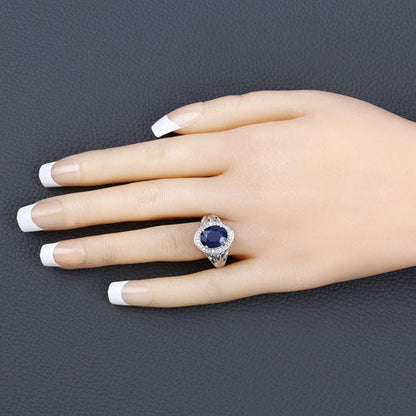 3.31 Carat Genuine Blue Sapphire and White Diamond 14K White Gold Ring