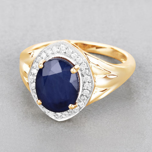 3.31 Carat Genuine Blue Sapphire and White Diamond 14K Yellow Gold Ring