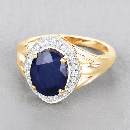 3.31 Carat Genuine Blue Sapphire and White Diamond 14K Yellow Gold Ring