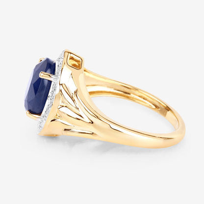 3.31 Carat Genuine Blue Sapphire and White Diamond 14K Yellow Gold Ring