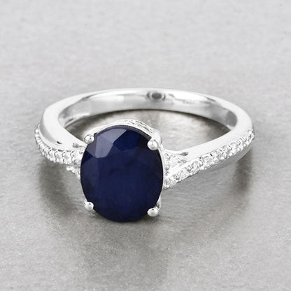 3.28 Carat Genuine Blue Sapphire and White Diamond 14K White Gold Ring