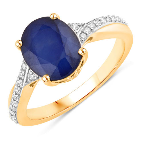 3.28 Carat Genuine Blue Sapphire and White Diamond 14K Yellow Gold Ring