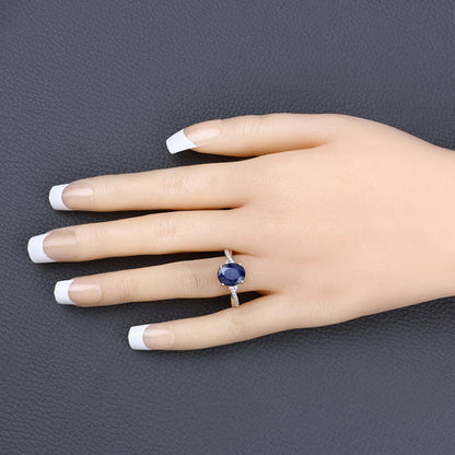 3.28 Carat Genuine Blue Sapphire and White Diamond 14K Yellow Gold Ring