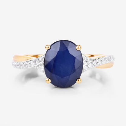 3.28 Carat Genuine Blue Sapphire and White Diamond 14K Yellow Gold Ring