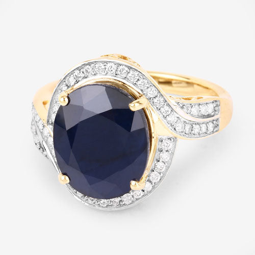 6.52 Carat Genuine Blue Sapphire and White Diamond 14K Yellow Gold Ring