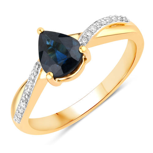 1.17 Carat Genuine Blue Sapphire and White Diamond 14K Yellow Gold Ring
