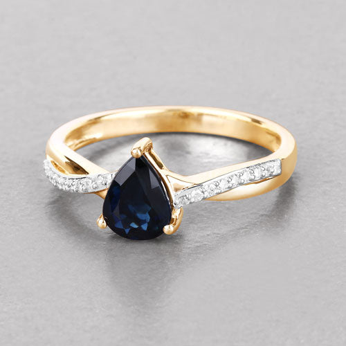 1.17 Carat Genuine Blue Sapphire and White Diamond 14K Yellow Gold Ring
