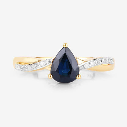 1.17 Carat Genuine Blue Sapphire and White Diamond 14K Yellow Gold Ring