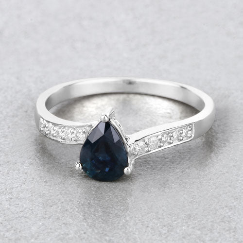 0.89 Carat Genuine Blue Sapphire and White Diamond 14K White Gold Ring