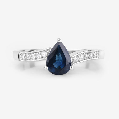 0.89 Carat Genuine Blue Sapphire and White Diamond 14K White Gold Ring