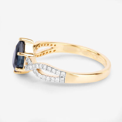 1.14 Carat Genuine Blue Sapphire and White Diamond 14K Yellow Gold Ring