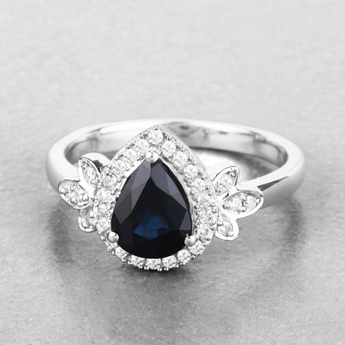 1.54 Carat Genuine Blue Sapphire and White Diamond 14K White Gold Ring