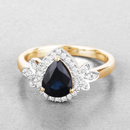 1.54 Carat Genuine Blue Sapphire and White Diamond 14K Yellow Gold Ring