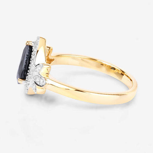 1.54 Carat Genuine Blue Sapphire and White Diamond 14K Yellow Gold Ring