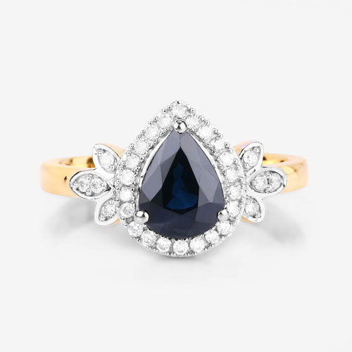 1.54 Carat Genuine Blue Sapphire and White Diamond 14K Yellow Gold Ring
