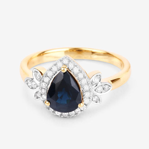 1.54 Carat Genuine Blue Sapphire and White Diamond 14K Yellow Gold Ring