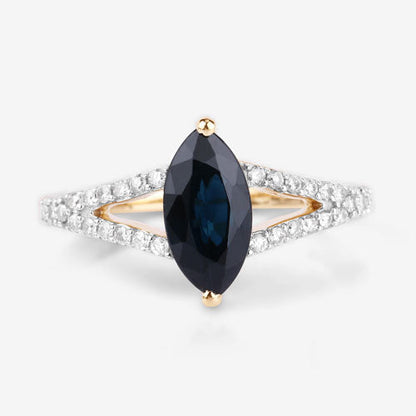 1.50 Carat Genuine Blue Sapphire and White Diamond 14K Yellow Gold Ring