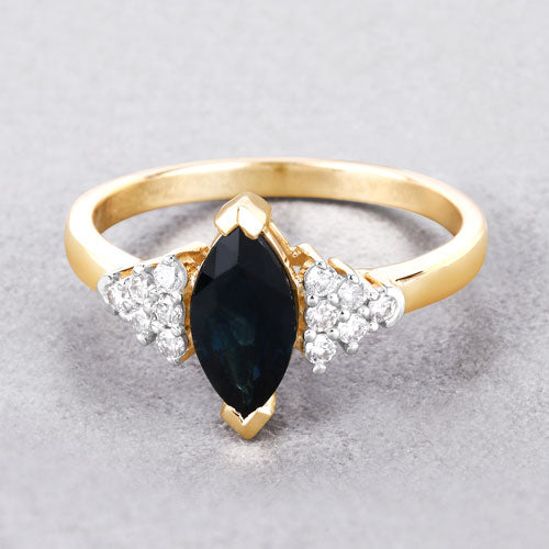 1.47 Carat Genuine Blue Sapphire and White Diamond 14K Yellow Gold Ring