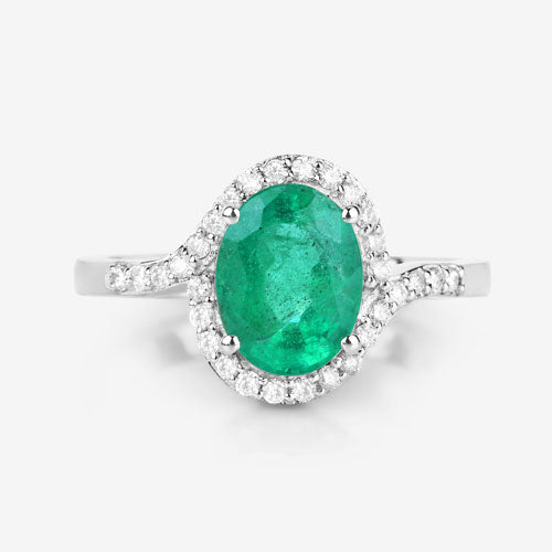 1.92 Carat Genuine Zambian Emerald and White Diamond 14K White Gold Ring