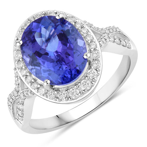 4.12 Carat Genuine Tanzanite and White Diamond 14K White Gold Ring