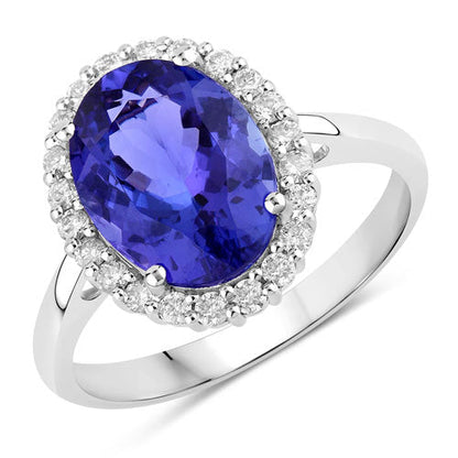 3.95 Carat Genuine Tanzanite and White Diamond 14K White Gold Ring