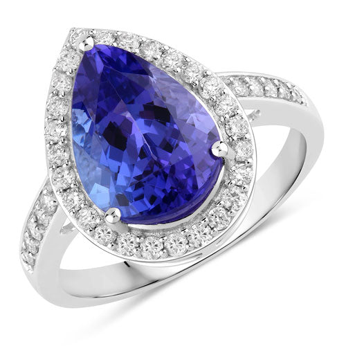 4.46 Carat Genuine Tanzanite and White Diamond 14K White Gold Ring