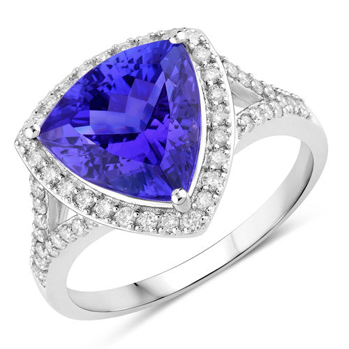4.42 Carat Genuine Tanzanite and White Diamond 14K White Gold Ring