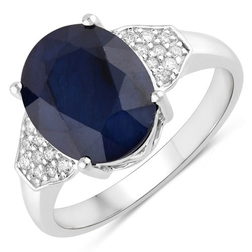 4.46 Carat Genuine Blue Sapphire and White Diamond 14K White Gold Ring