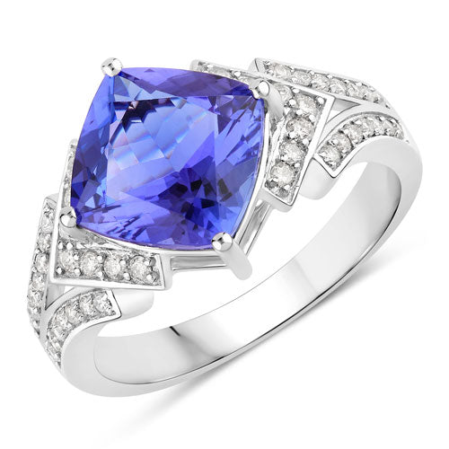 3.43 Carat Genuine Tanzanite and White Diamond 14K White Gold Ring