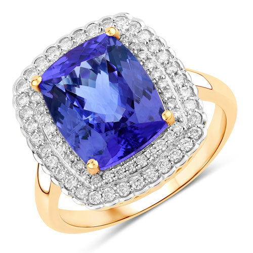 4.84 Carat Genuine Tanzanite and White Diamond 14K Yellow Gold Ring