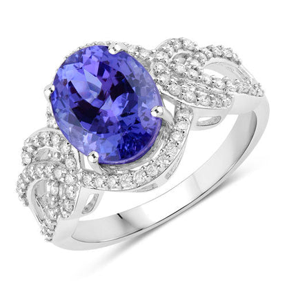 4.08 Carat Genuine Tanzanite and White Diamond 14K White Gold Ring