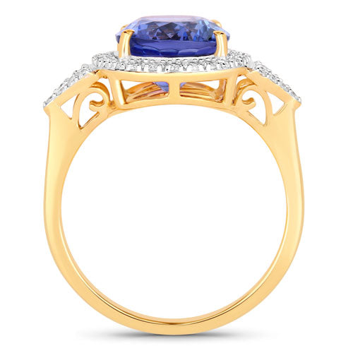 4.13 Carat Genuine Tanzanite and White Diamond 14K Yellow Gold Ring
