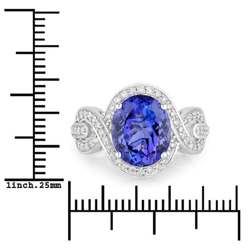 4.54 Carat Genuine Tanzanite and White Diamond 14K White Gold Ring