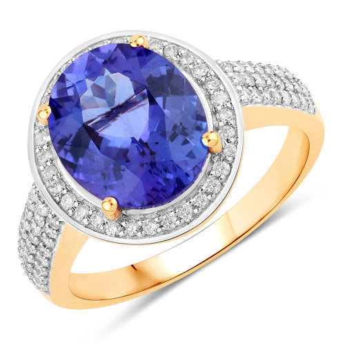 4.02 Carat Genuine Tanzanite and White Diamond 14K Yellow Gold Ring