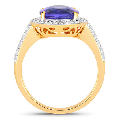 4.02 Carat Genuine Tanzanite and White Diamond 14K Yellow Gold Ring