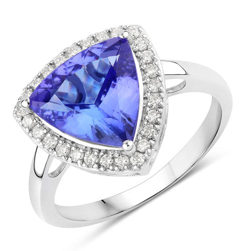 3.23 Carat Genuine Tanzanite and White Diamond 14K White Gold Ring