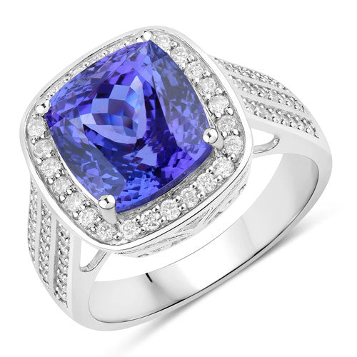 5.59 Carat Genuine Tanzanite and White Diamond 14K White Gold Ring
