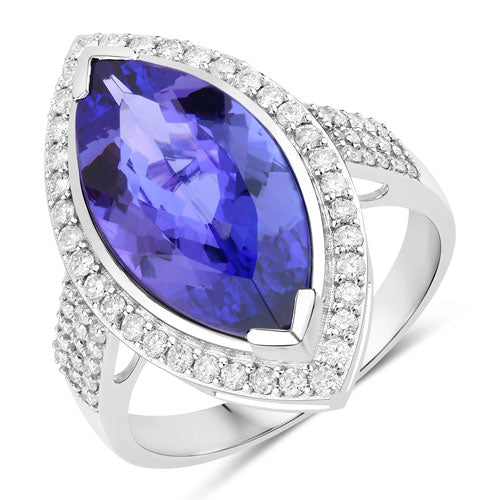 5.57 Carat Genuine Tanzanite and White Diamond 14K White Gold Ring