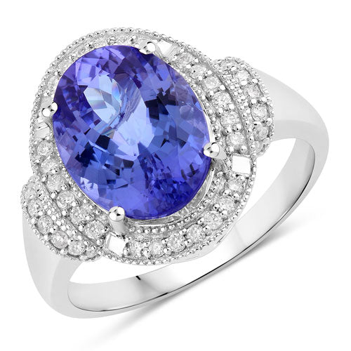 4.31 Carat Genuine Tanzanite and White Diamond 14K White Gold Ring