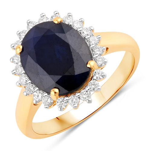 4.63 Carat Genuine Blue Sapphire and White Diamond 14K Yellow Gold Ring