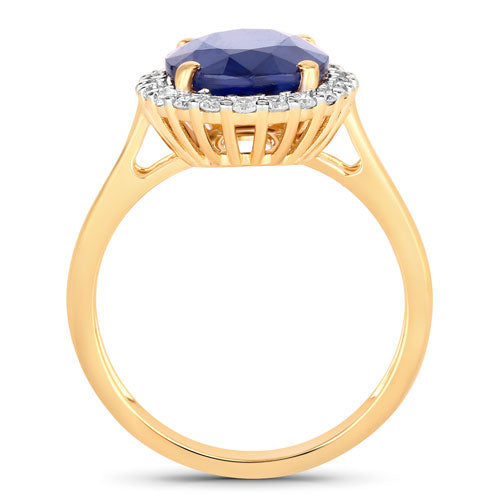 4.63 Carat Genuine Blue Sapphire and White Diamond 14K Yellow Gold Ring